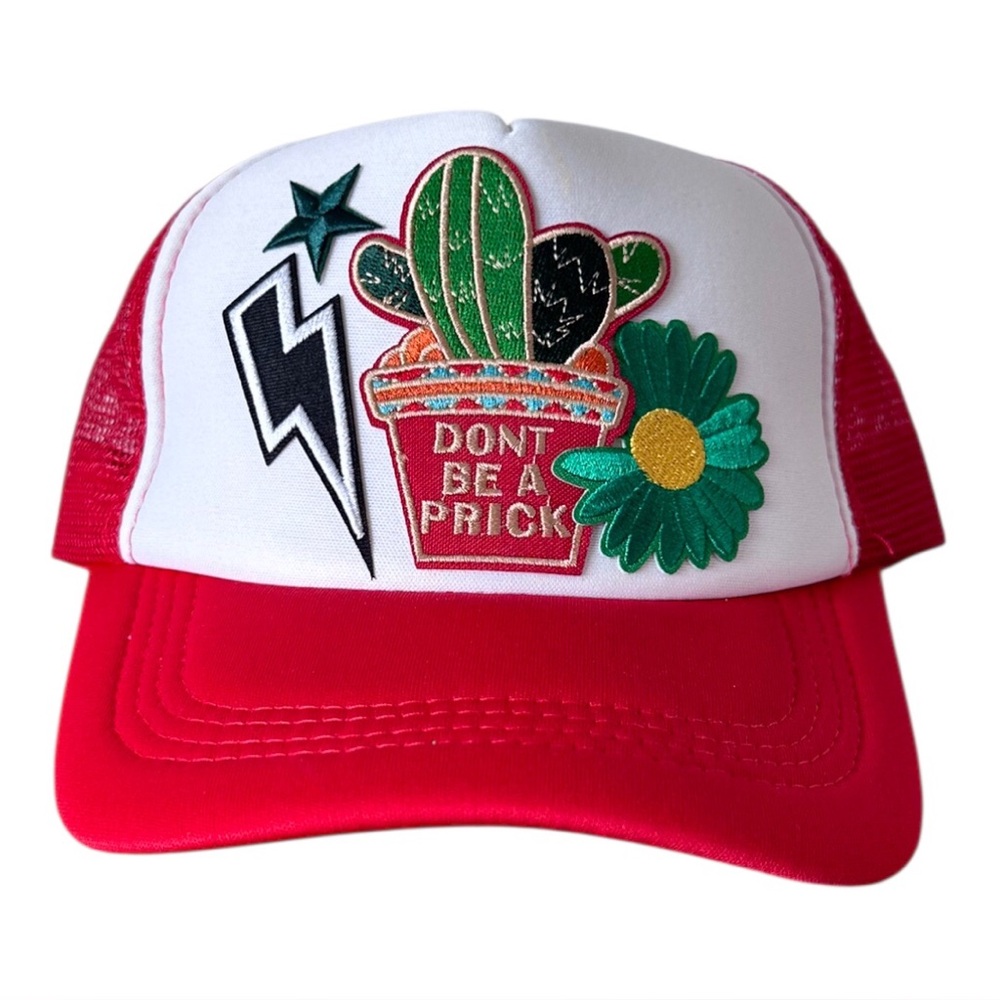 Red & White Trucker Hat with Cactus Patch - "Don't Be A Prick"